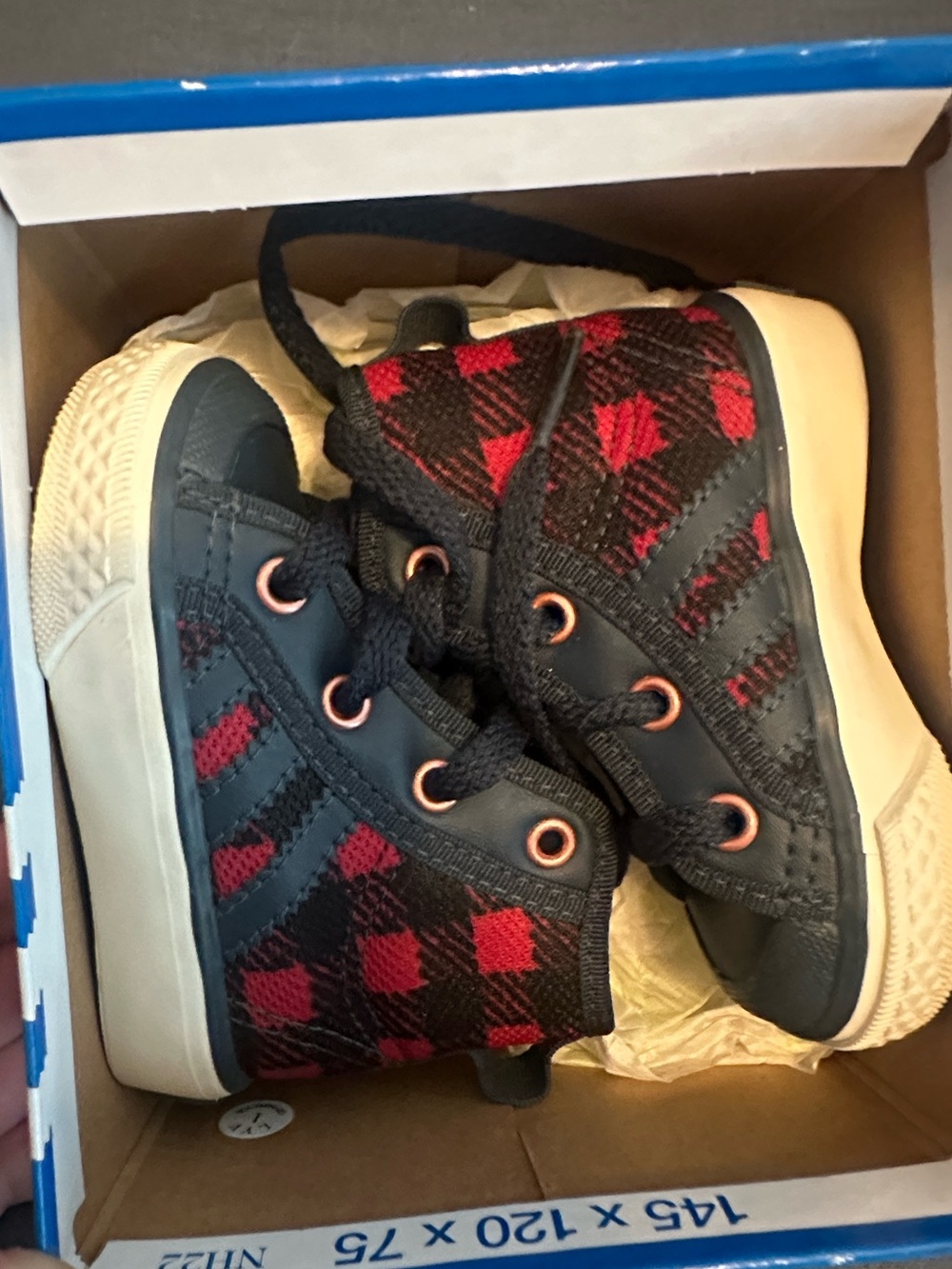 Vintage New baby Adidas Originals Nizza Hi Plaid. Red and Black Check